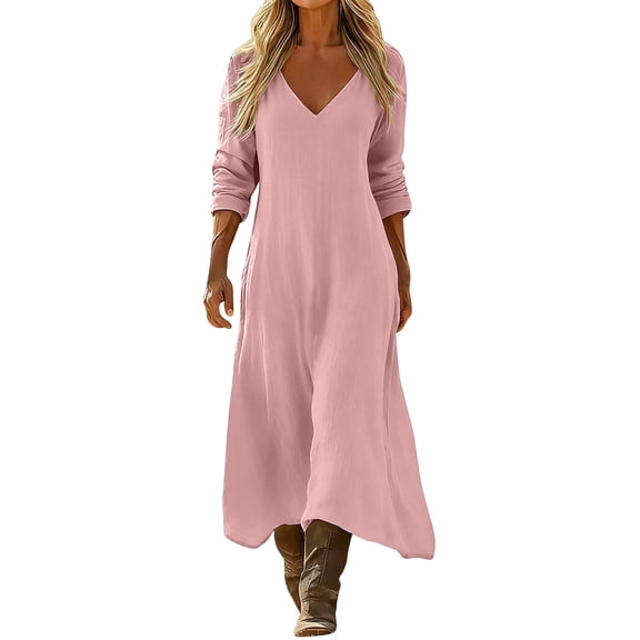 SETOOFF Women V Neck Long Sleeve Maxi Dress Loose Flowy Solid Color Split Side Long Tunic Dress Casual Vacation Beach Travel Daily Dress
