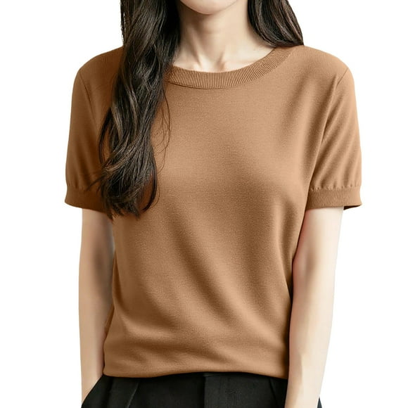 LUOGENLI Womens Sweaters Dressy Casual Drop Shoulder Crop Sweater Women's Wool Blend Summer Fall Tops Lightweight Business Casual Blouses Gold Size L
