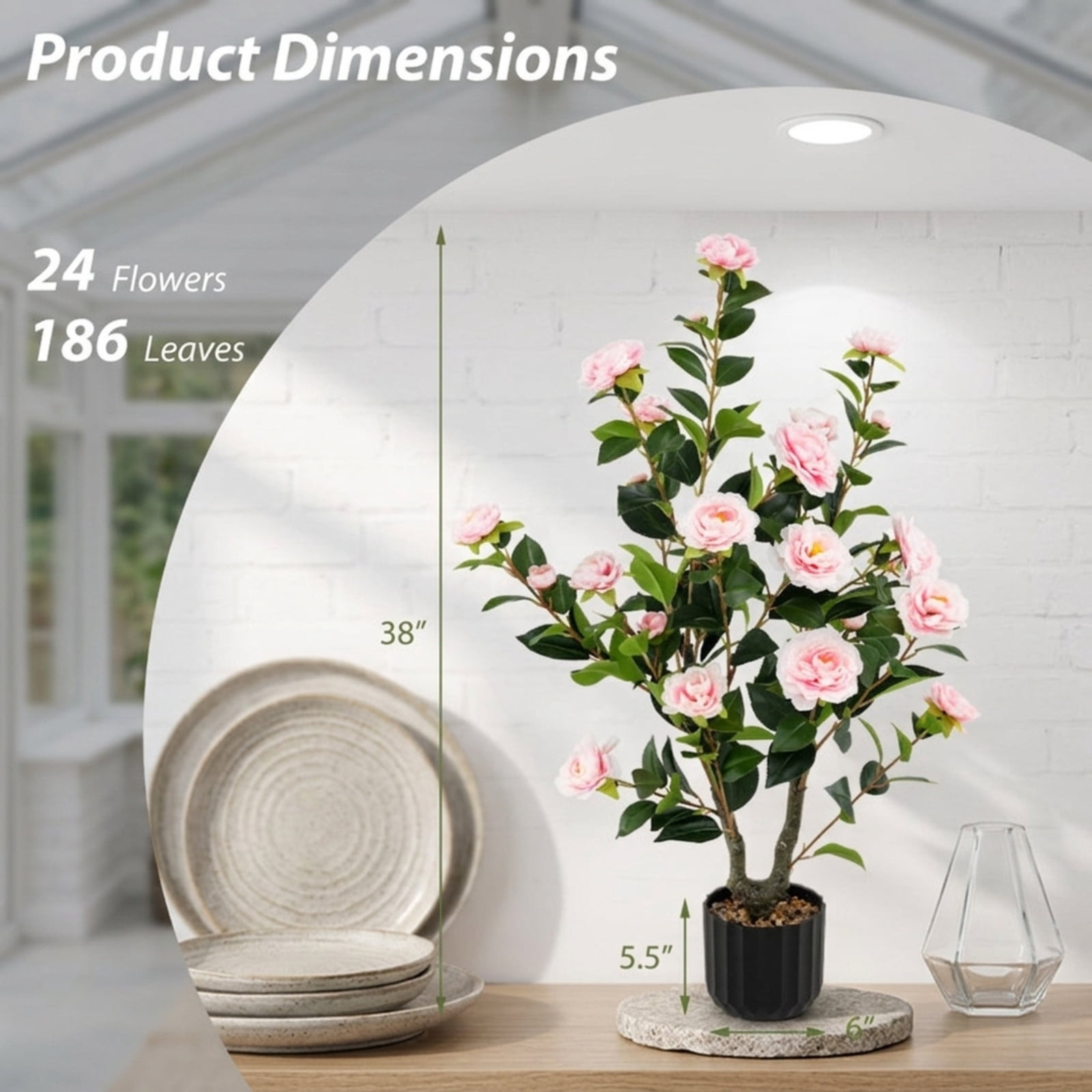 Vebreda Artificial Plant Decor, 38 Inch Artificial Camellia Tree Faux Flower Plant in Cement Pot, Gorgeous and Vivid Appearance