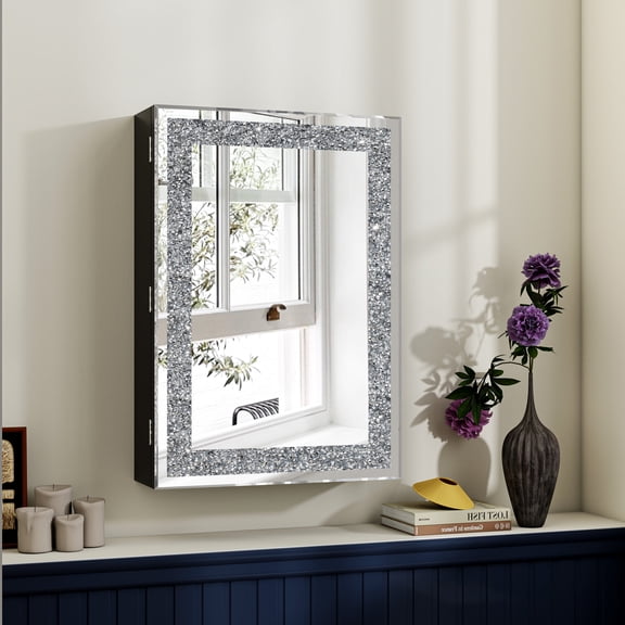 SHYFOY Frameless Rectangular Wall Mirror Cabinet with Storage, Crushed Diamond Edge, 16.54" x 5.31" x 23.62" Bathroom or Living Room Mirror
