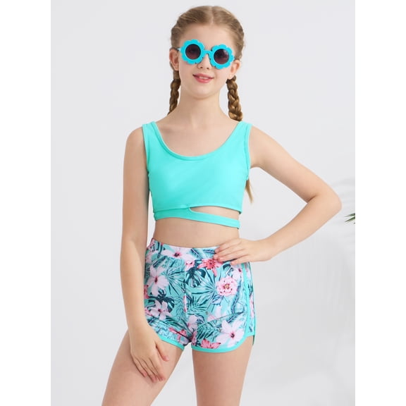 Girls Swimsuit Bikini Set 3 Piece Tropical Print Bathing Suit with Shorts Teen Girl's Swimwear for 7-16 Years