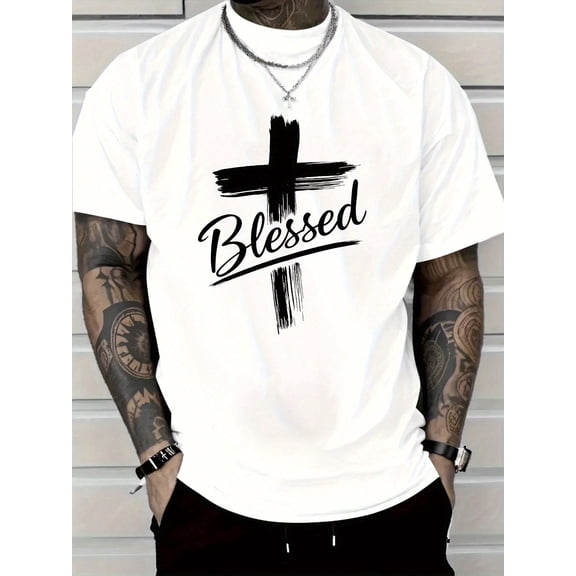 Men's Christian Faith T-Shirt With A Blessed Cross Print And Handwritten Lettering - Loose Fit, Crew Neck, Short Sleeve. Suitable For All Seasons