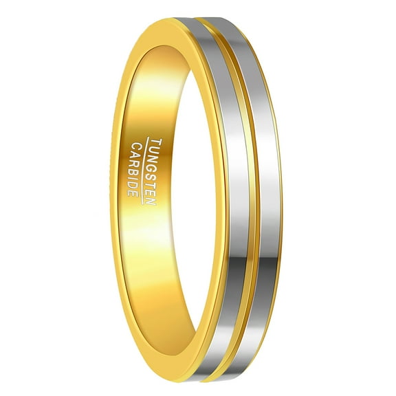 4mm Men's Silver and Gold Tungsten Ring Wedding Band with Groove Flat Edges Size 6-11