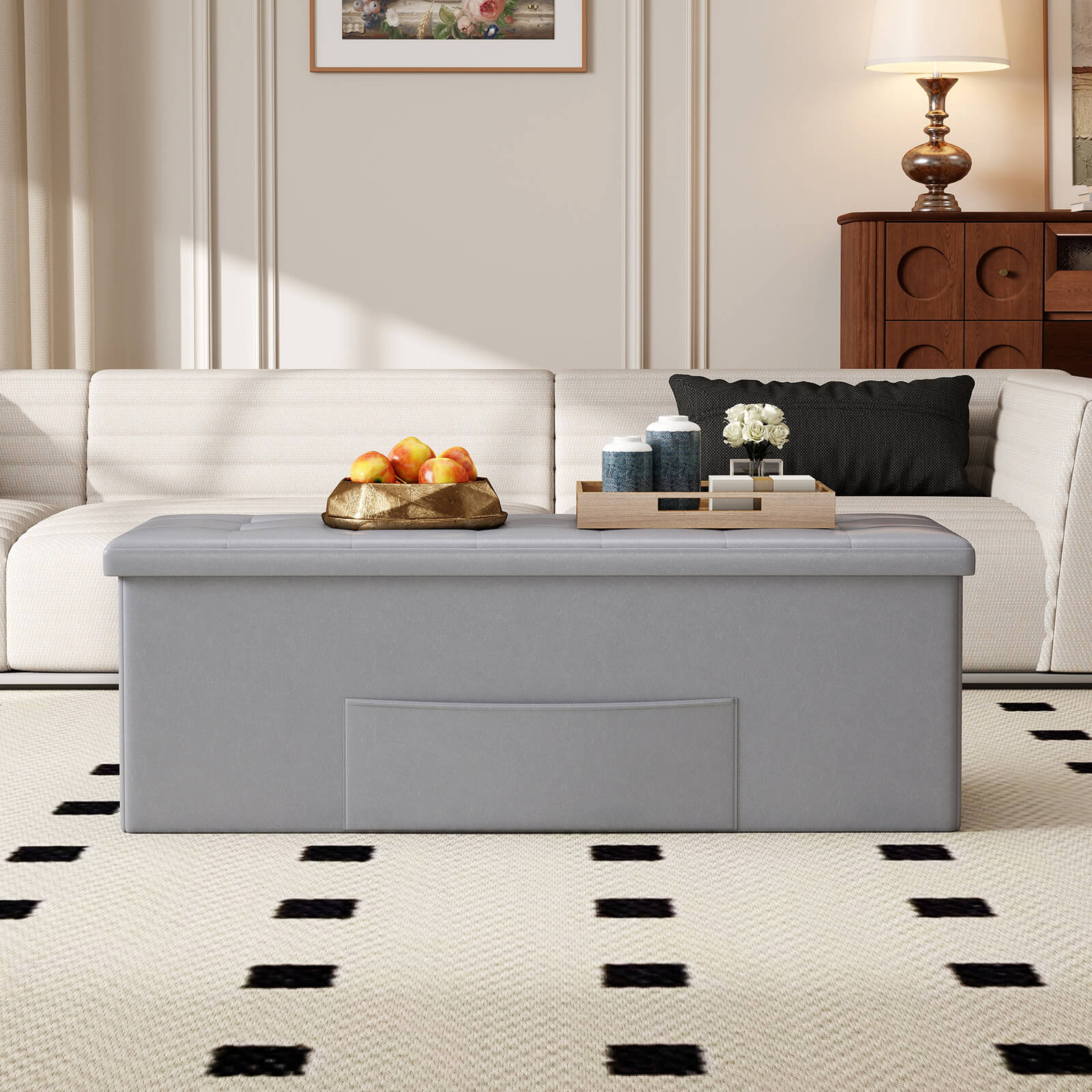 Costway 43 Inches Folding Storage Ottoman Bench with Side Pocket Storage Chest Dark Gray
