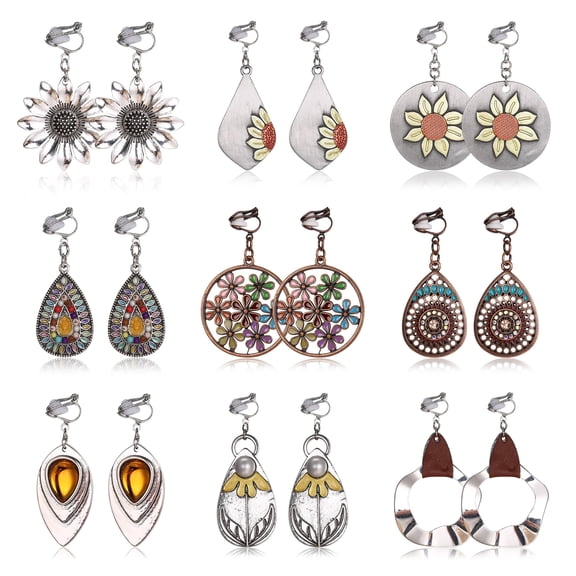 9 Pairs Bohemian Vintage Dangle Earrings Retro Rhinestone Teardrop Hollow Leaf Sunflower Earrings for Women Geometric Round Colorful Jewelry Earrings Set