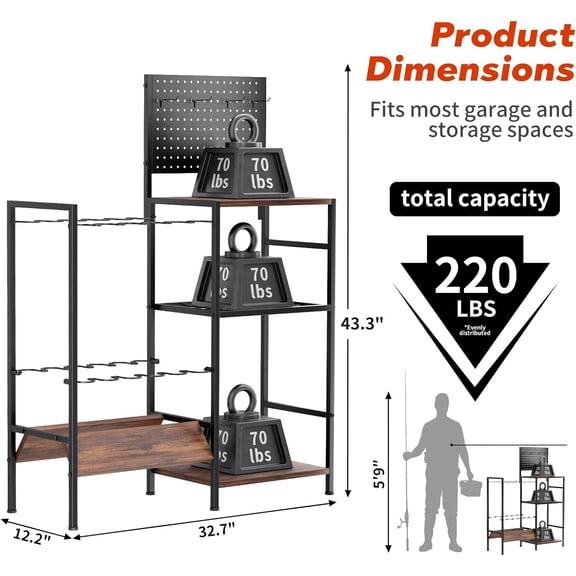 Fishing Rod Storage Rack for Garage, Holds up to 12 Rods, Heavy Duty Metal Stand with Shelves and Pegboard