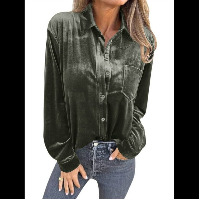 Camisetas Casuales de Larga con Botones de Terciopelo de Invierno para Mujer Verde XXXL