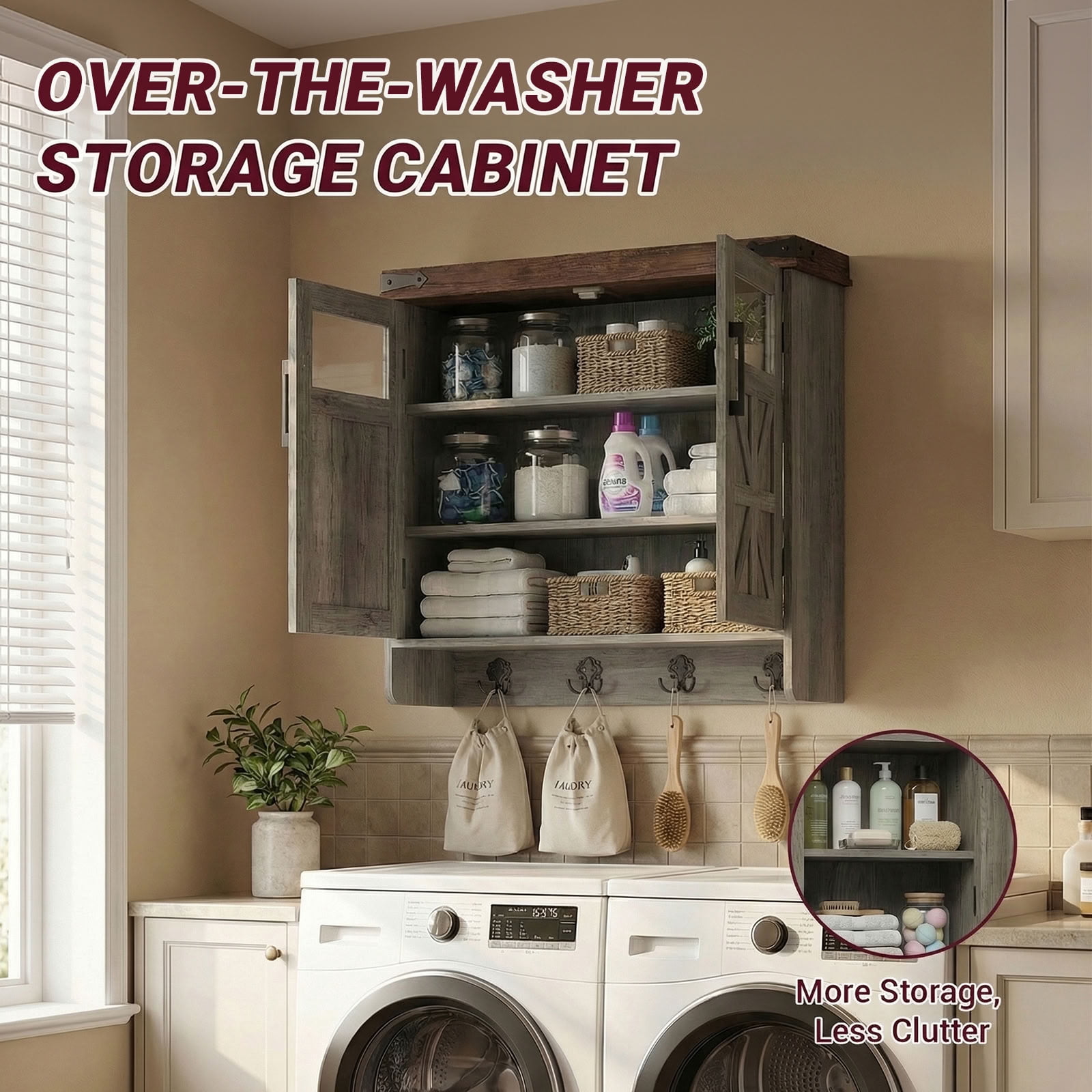 MAYEERTY 24" Bathroom Wall Cabinet, Farmhouse Over Toilet Storage Cabinet with Adjustable Shelves and Hooks, for Small Bathroom, Kitchen, Laundry