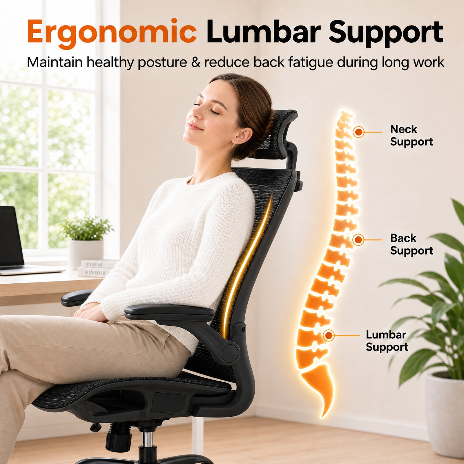 LUCKLIFE Ergonomic Mesh Office Chair, High Back Task Chair with Flip-up Arms, Adjustable Headrest & Lumbar Support for Home Office, Black