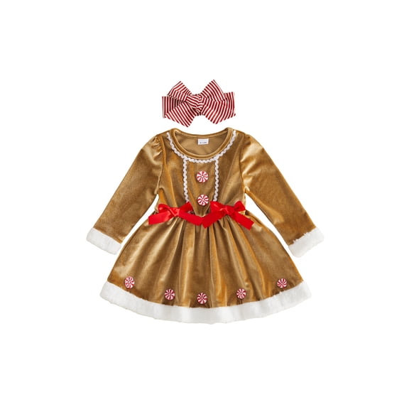 RUINIXCW Toddler Baby Girl Christmas Dress Kids Christmas Gingerbread Outfit Baby Girl Fall Winter Plush Trim Long Sleeve Velvet Xmas Dress Headband