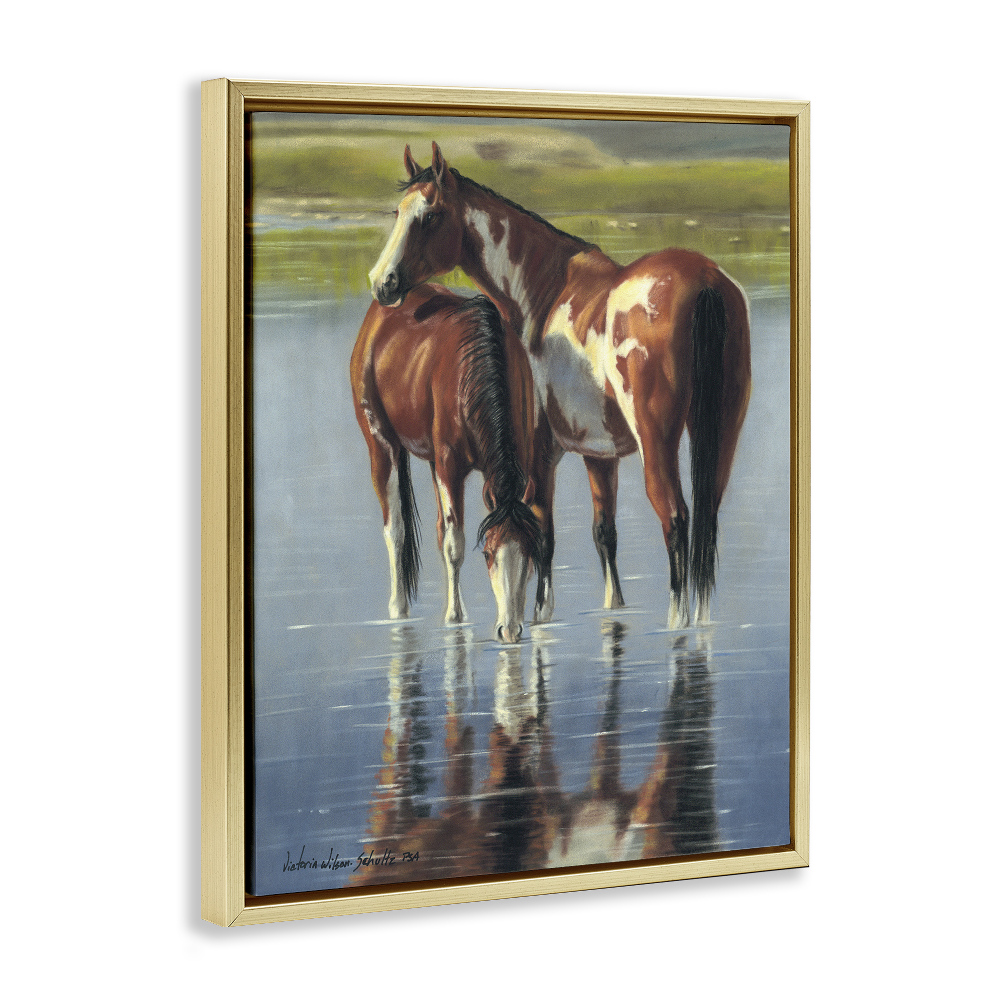 Stupell Industries Horse & Foal Splashing Animals & Insects Painting Gold Floater Framed Canvas Art Print Wall Art, 25 x 31