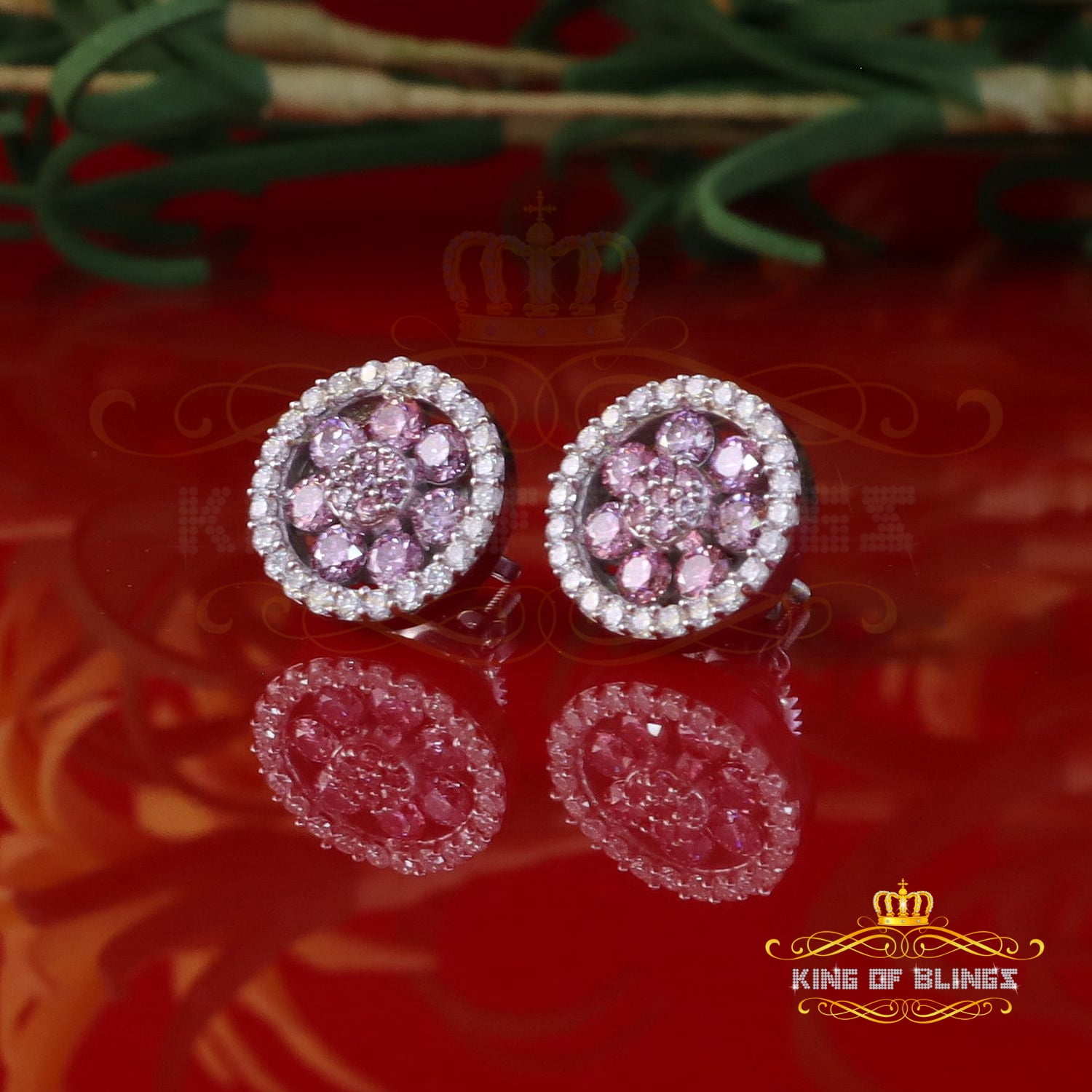 King of Bling's 925 Silver White 1.50ct VVS 'D' Pink Moissanite Round Mens/Women's Stud Earrings
