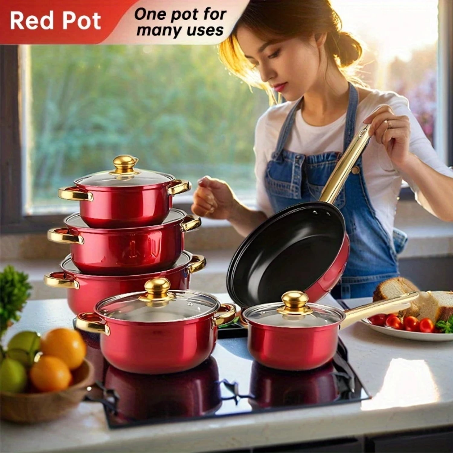 12-Piece Stainless Steel Cookware Set, Nonstick Pots and Pans Kitchen Set with Lids, Durable Induction Compatible, for Home, Restaurant, Gas & Electric Stoves – Red