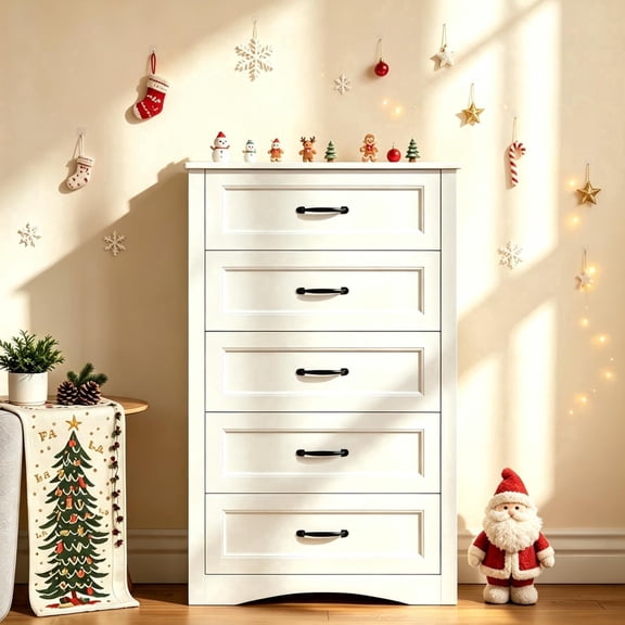 Gizoon 5 Drawer White Dresser for Bedroom, 43.3" Wooden Chest of Drawers with Metal Handles, Large Storage Cabinet for Living Room, Hallway & Office