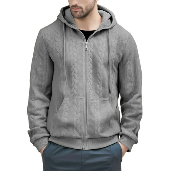 Domuza Mens Zip Up Hoodie Casual Stylish Long Sleeve Drawstring Hooded Sweatshirt Fall Winter Thermal Big and Tall Solid Outerwear with Pockets Dark Gray L