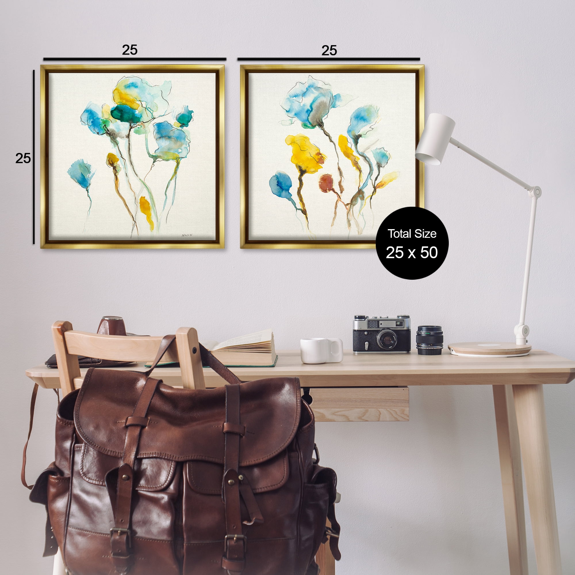 Stupell Industries Watercolor Teal & Yellow Flowers Abstract Painting Gold Floater Framed Canvas Art Print Wall Art, 25 x 25, Set of 2