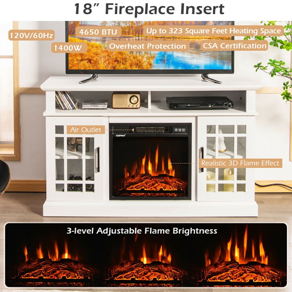 Finihen TV Stand, TV Cabinet, 48 Inch Electric Fireplace TV Stand with Cabinets for TVs Up to 55 Inch, for Living Room, Bedroom, White