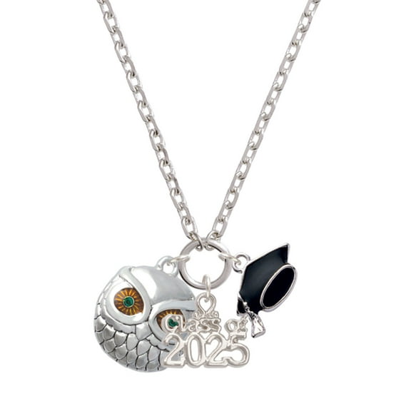 Delight Jewelry Silver-tone Large Round Owl with Green Crystal Eyes - Silver-tone Class of 2025 Graduation Zoey Necklace, 28"