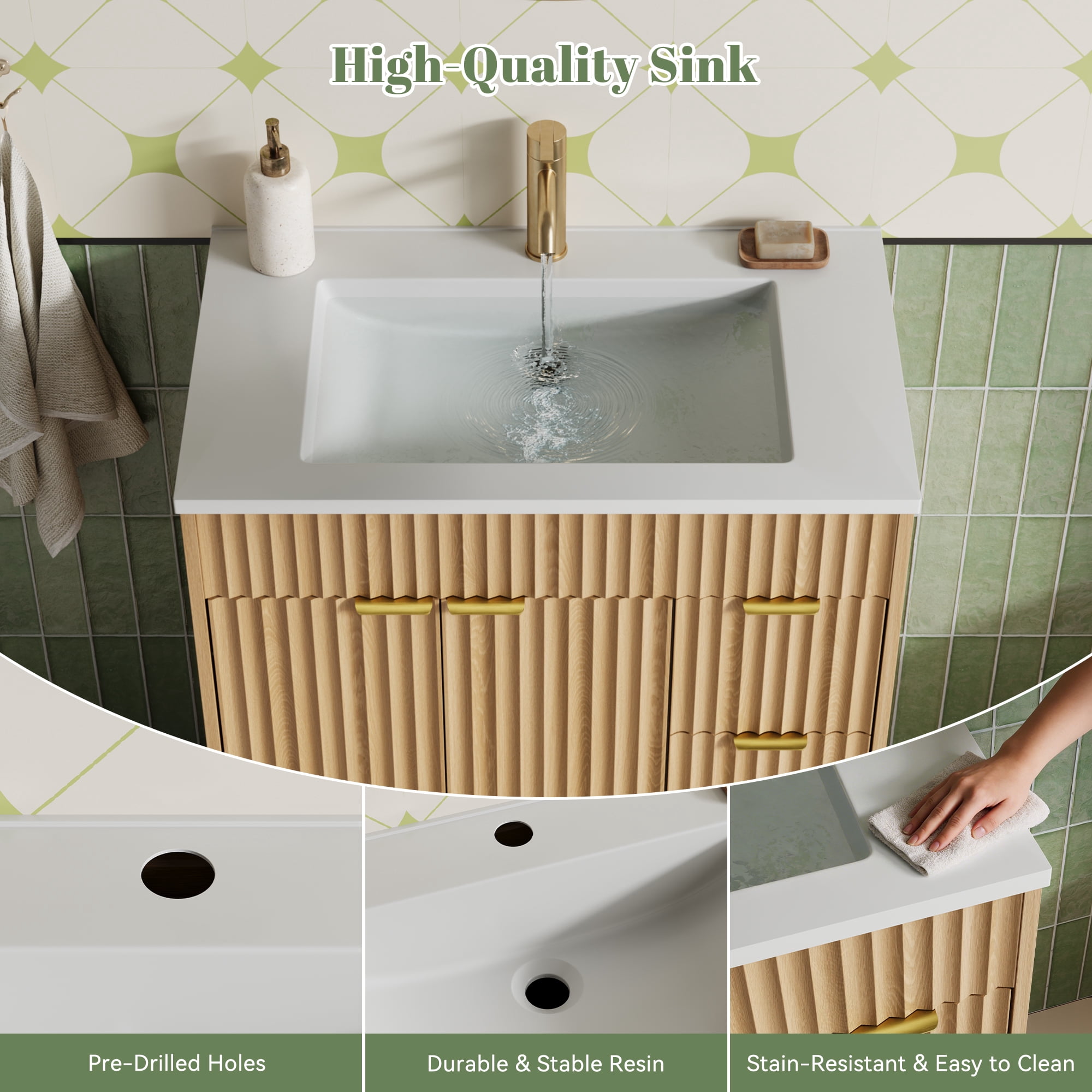 ASTUVIA 30" Fluted Bathroom Vanity Cabinet with 3 Drawers,Bathroom Vanity with Sink and Soft-Close Doors,Freestanding Small Bathroom Sink Cabinet,OAK
