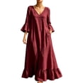 thumbnail image 2 of QUNYINEY 3/4 Sleeve Dresses for Women 2026 Casual Flowy Red Maxi A Line Dress Loose Fit Vacation with Pockets V Neck Dresses, 2 of 9