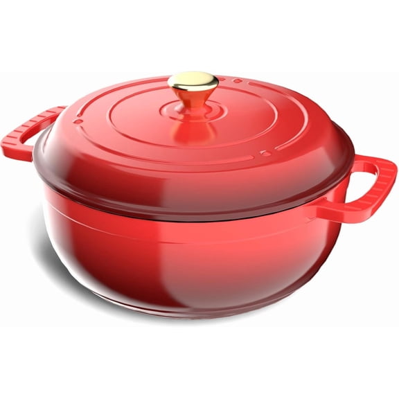YANGLI 7.5-Quart Enameled Cast Iron Round Dutch Oven with Lid, Dual Handles with Silicone Gloves Oven Safe 500°F for Bread Baking Braising Stews Roasting (Red)
