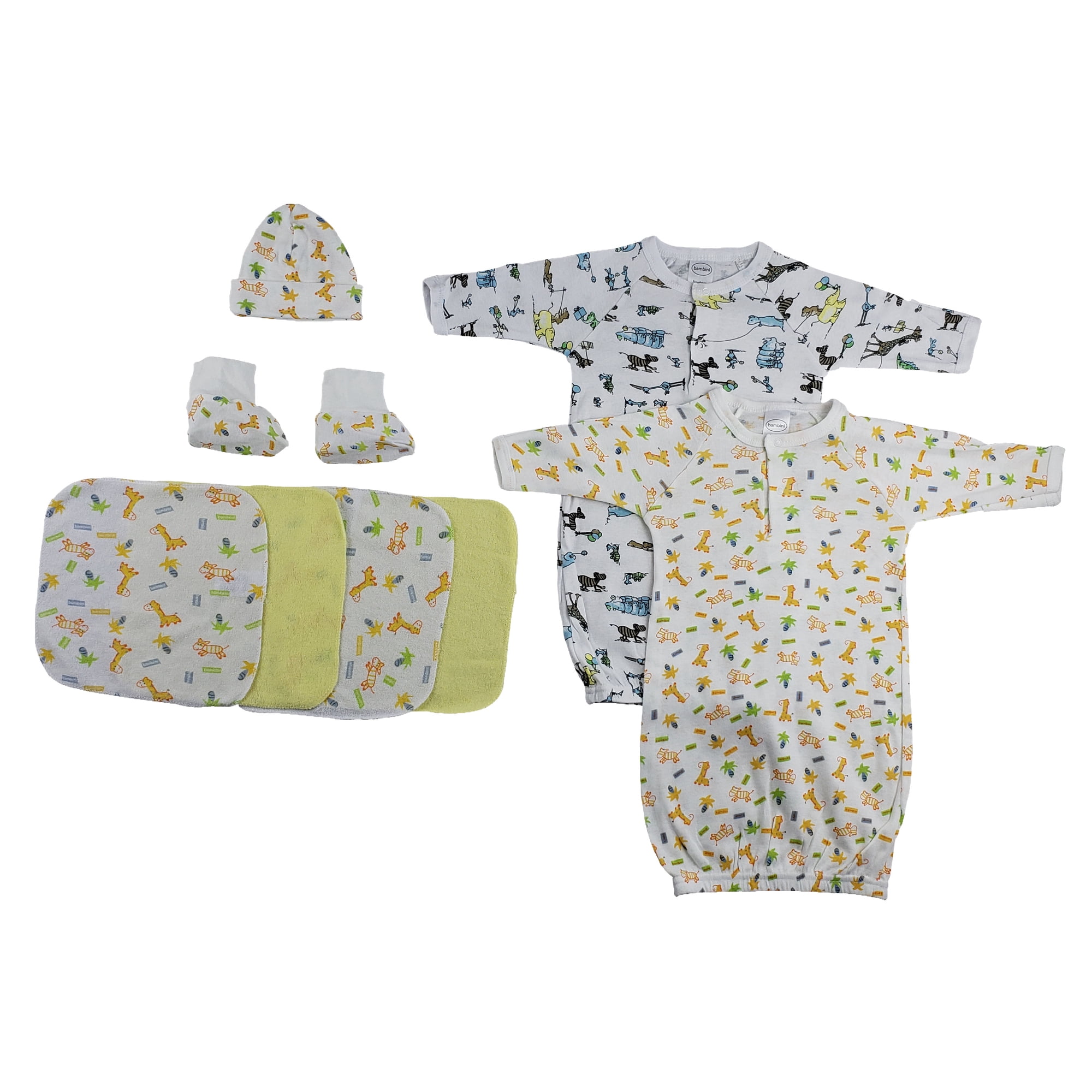 CS-0024 Gowns, Cap Booties & Washcloths, White & Yellow - Newborn - 8 Piece