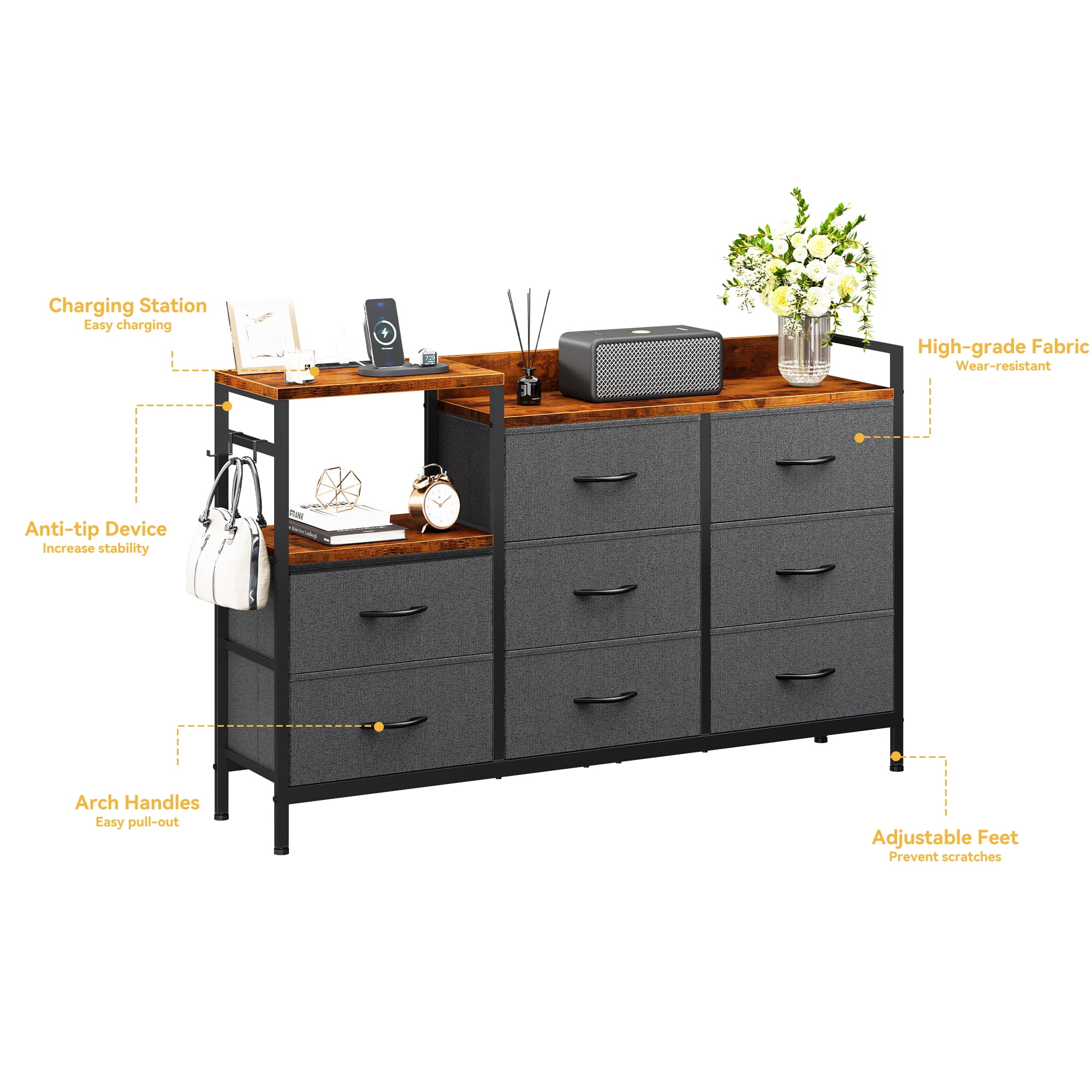 Uforic 8 Drawers Wide Wooden Top Dresser with Charge Station for Closet, Living Room, Hallway, Gray