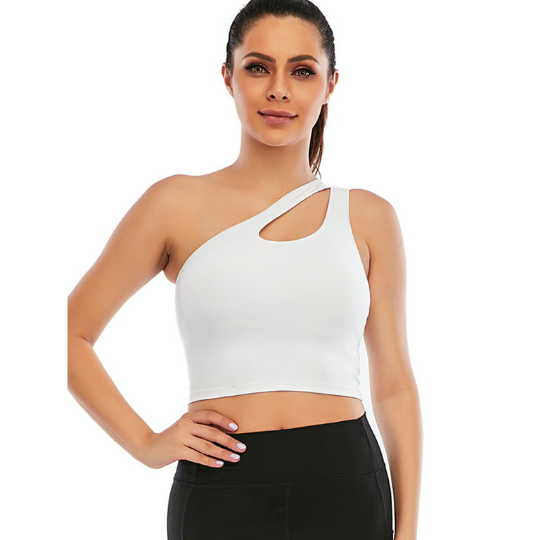 FANNYC Women's One Shoulder Sports Bras Removable Pads One Strap Crop Yoga  Top Wirefree Sexy Cute Medium Support Sports Bra For Running Active Gym  Workout Fitness,Black /White 