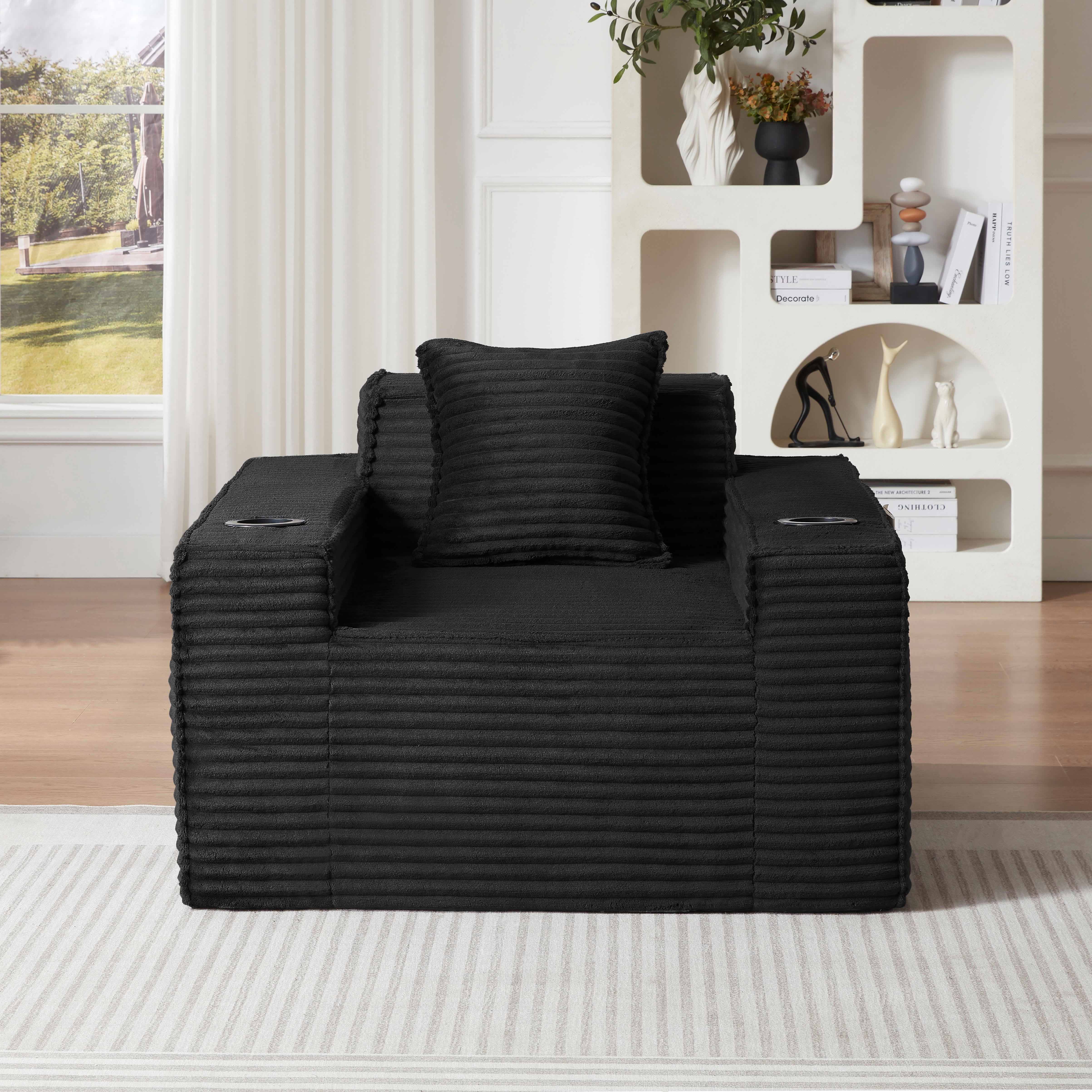 MAYEERTY Minimalist Corduroy Couch, 1-Seater Boneless Sofa with Side Pockets & Cup Holders for Apartments/Offices, Black