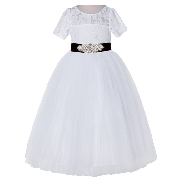 Ekidsbridal Girl Bridesmaid Flower Girl Dress - White Floral Lace Short Sleeve with Rhinestone Ribbon LG2R3-A (Size: 2-12)