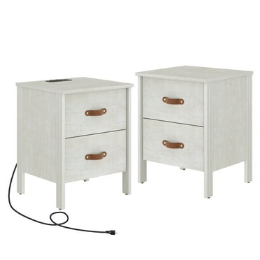 Wampat Set of 2 Side Tables for Living Room, Small End Table Wood Nightstand with 2 Drawers & Charging Station for Bedroom, Off White
