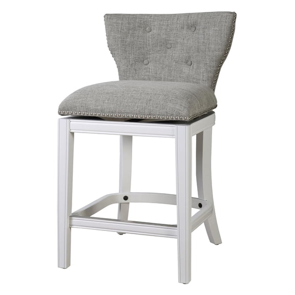 Pemberly Row 26" Counter-Height White Swivel Bar Stool with Gray Upholstery