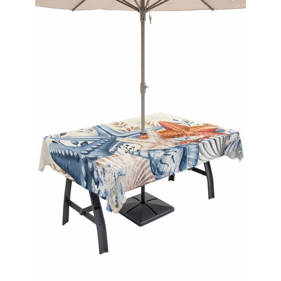 Outdoor Tablecloths with Umbrella Hole & Zipper, Orange Blue Starfish Coastal Rectangle Tablecloth 60x120 Inch, Summer Beach Eucalyptus Rustic Waterproof Table Cloth, Patio/Pool/Picnic Table Covers