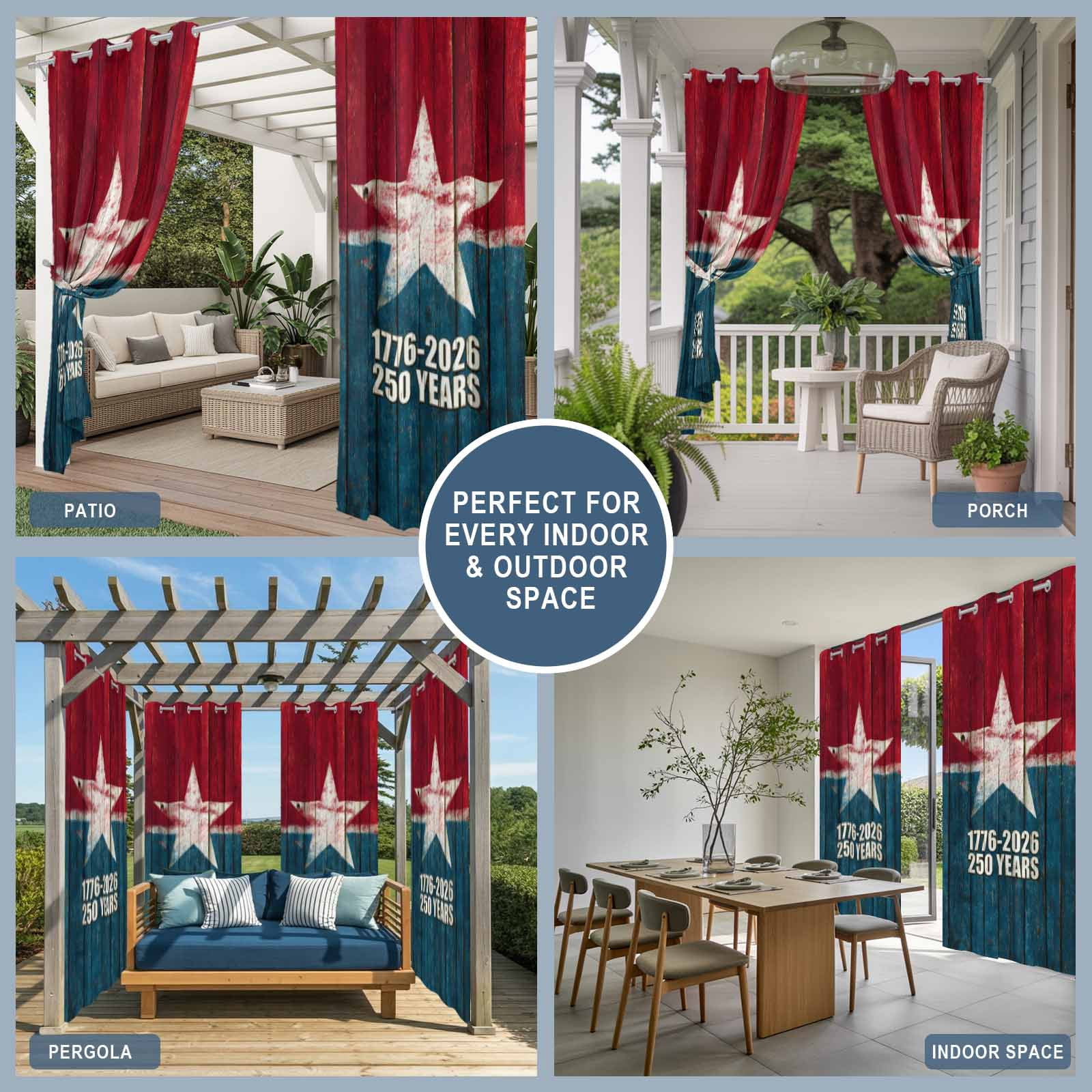 Years Independence Day Outdoor Curtains for Patio, USA Flag Retro Wood Grain Star Sunshade Privacy Drapes Grommet Waterproof Outside Curtains for Porch/Cabana/Balcony 54"x 108", 1 Panel