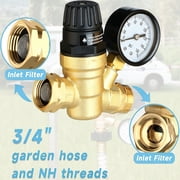 RV Water Pressure Regulator Valve, 3/4 Brass Lead-Free Adjustable Water Pressure Reducer with Gauge and Inlet Screen Filter for RV Camper Travel Trailer