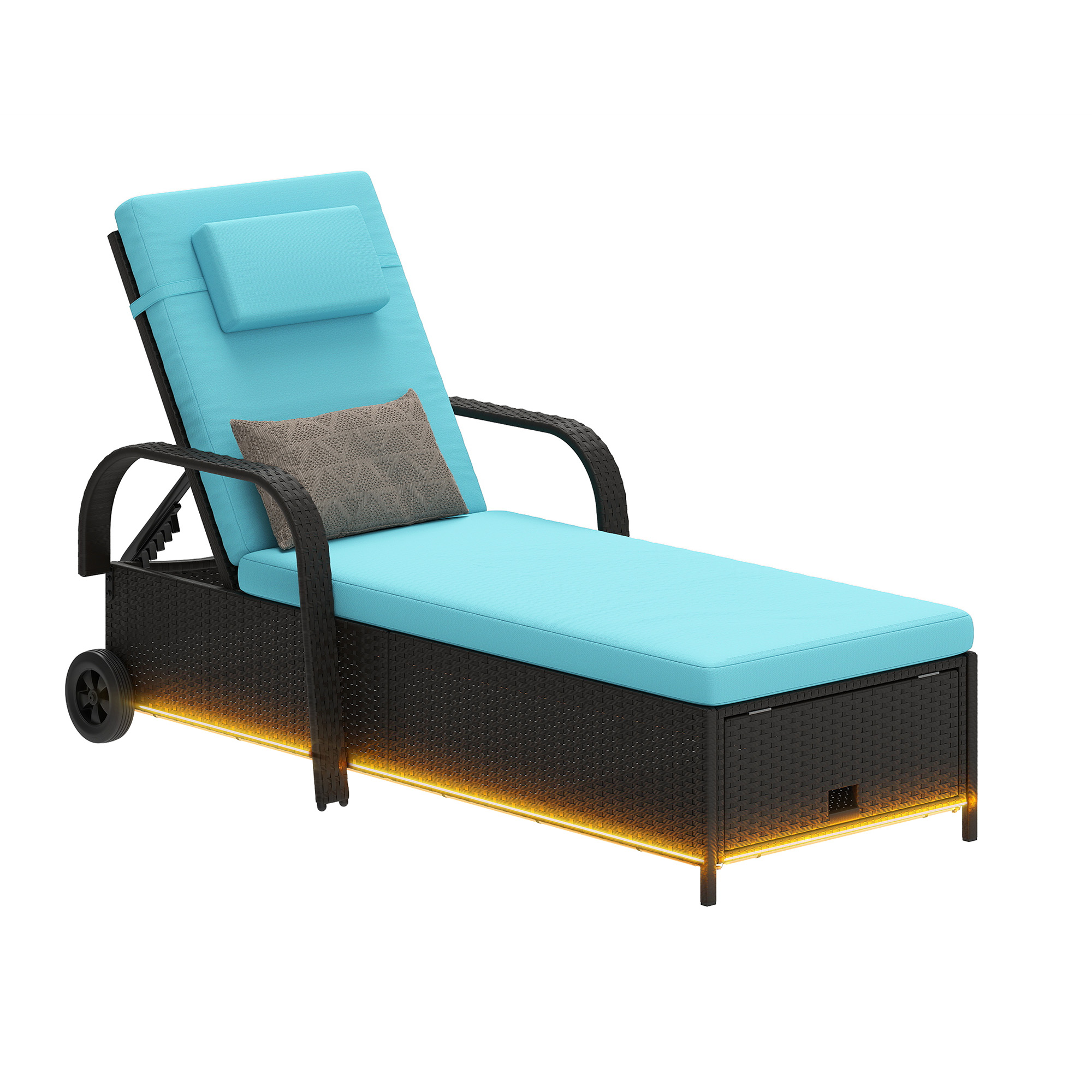 Uforic LED Outdoor Lounge Chair with 5-Level Recline, Wheels, Storage, Patio Wicker Chaise, Black/Blue