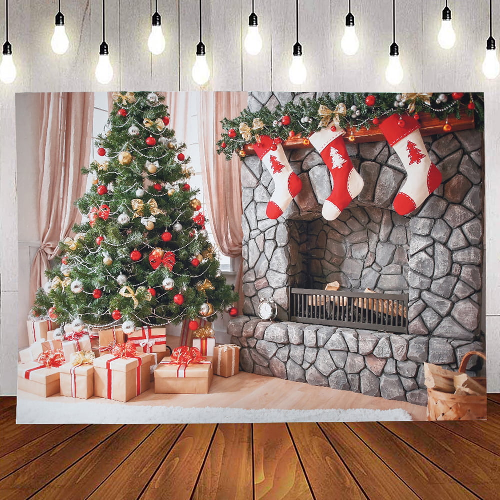 9x6ft Winter Xmas Themed Photography Backdrop Christmas Tree Socks Gifts Fireplace Photo Background Birthday Decorations Vinyl Party Banner Photo Booths Studio Props Holiday Supplies 