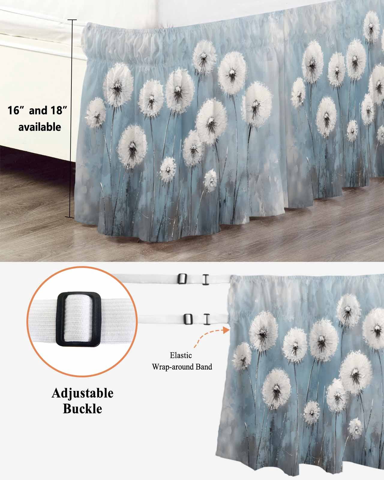 White Dandelion Wrap Around Bed Skirts for Queen Bed 16" Drop,Bed Skirt with Adjustable Elastic Belt Dust Ruffle Bed Valance for Bedroom Hotel Blue Oil Painting Retro Modern Art Bed Frame Cover