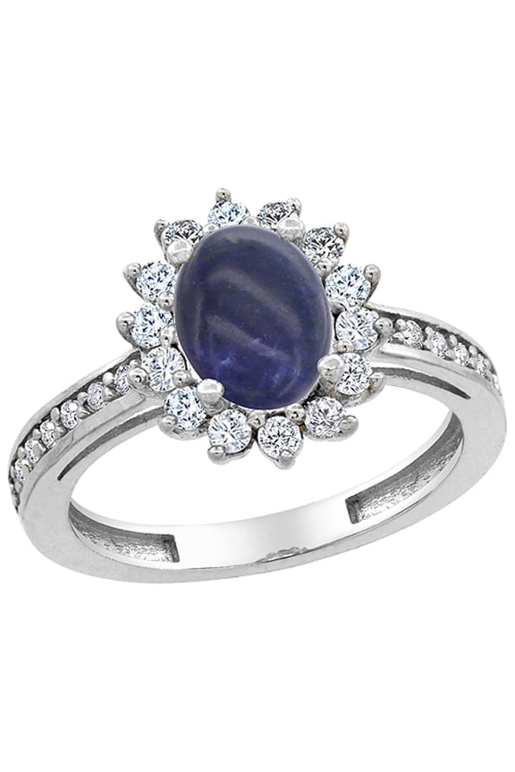 14K White Gold Natural Lapis Floral Halo Ring Oval 8x6mm Diamond Accents, size 7
