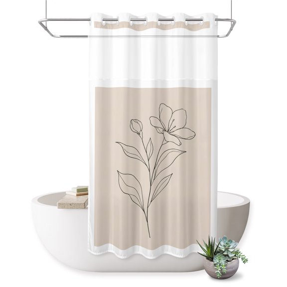 No Hook Shower Curtain, Minimalist Floral Shower Curtains for Bathroom with See Through Top Window, Modern Farmhouse Botanical Leaves Waterproof & Washable Bath Curtain Stand Up Stall 36"x72"
