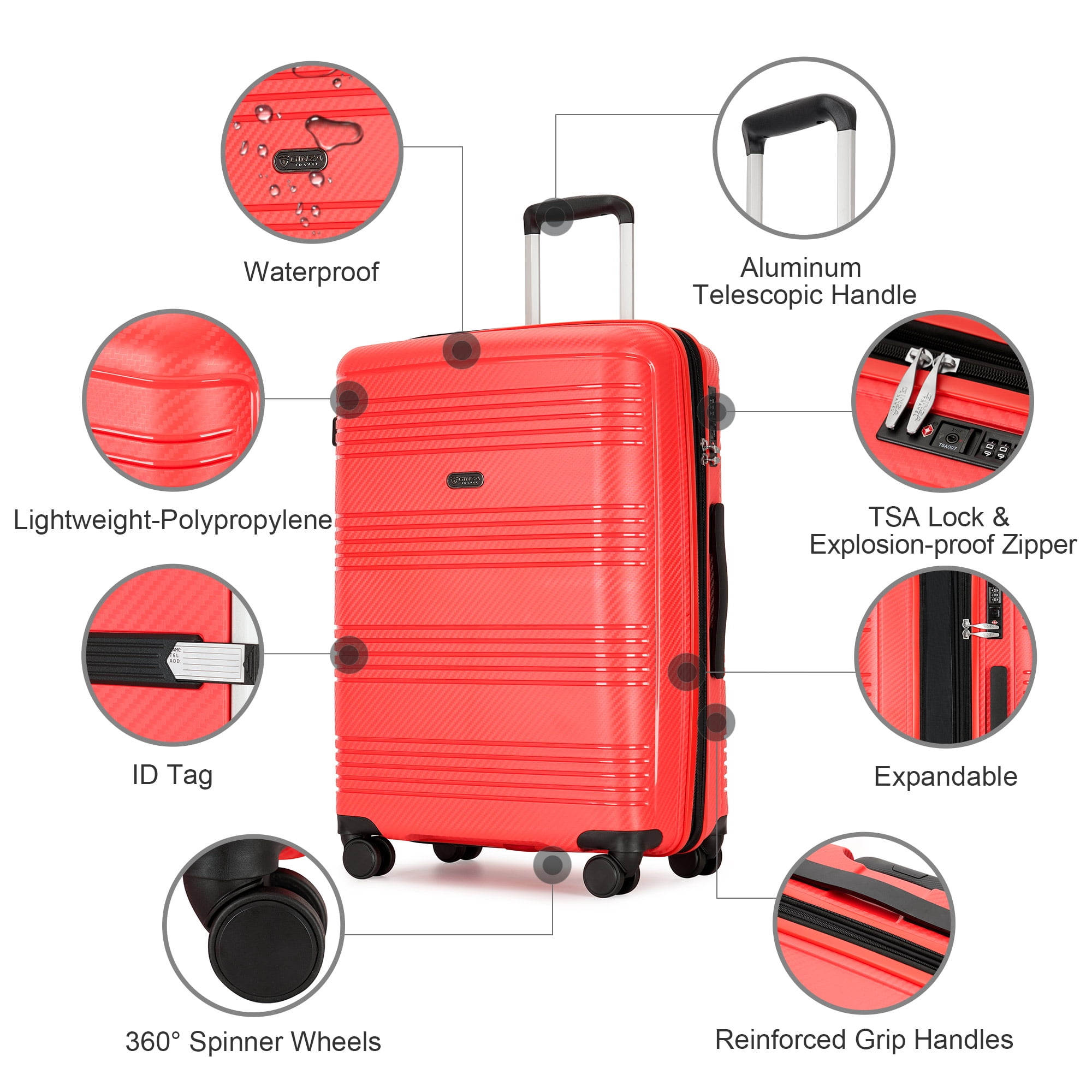Ginza Travel Hardside Expandable Luggage Set with Spinner Wheels,3-Piece Set (20/25/29),Red