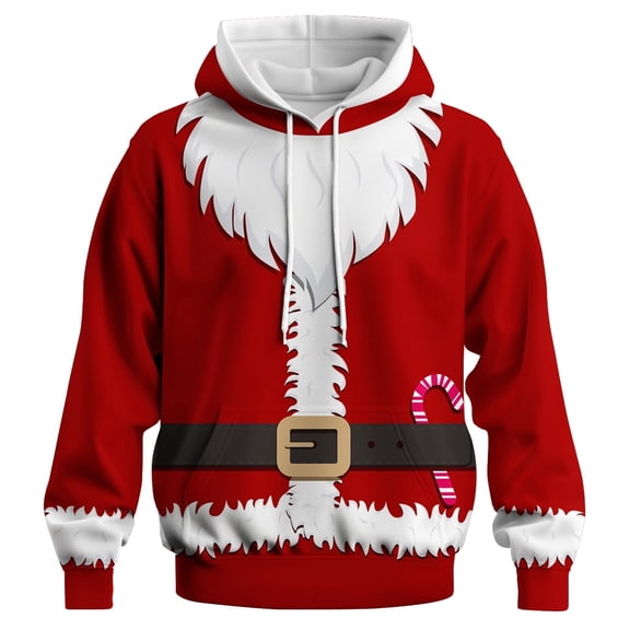 GHUALURU Men's Christmas Santa Suit Graphic Pullover Hoodie with Candy Cane, Red2, XL