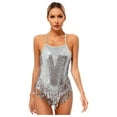 thumbnail image 3 of Aislor Women Fringed Latin Salsa Dance Costume Sleeveless Sequins Leotard with Tassel Metallic Gloves Silver L, 3 of 7