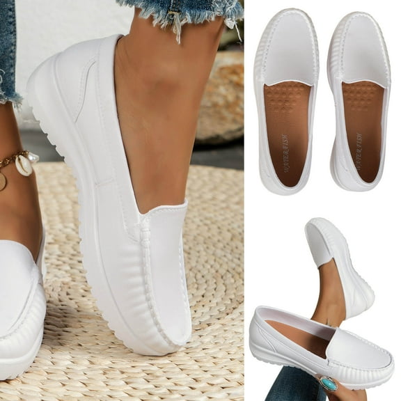 Women's Classic Solid Color Flat Casual Slip On Outdoor White Faux Leather Shoes White qILAKOG Size 5.5