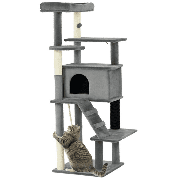 PawHut 58" Cat Tree for with Scratching Posts, Bed, House, Toys, Grey