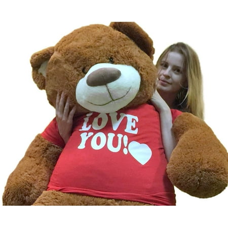 Big Plush 5 Foot Giant Teddy Bear 60 Inches Soft Cinnamon Brown Color Wears I Love You Tshirt