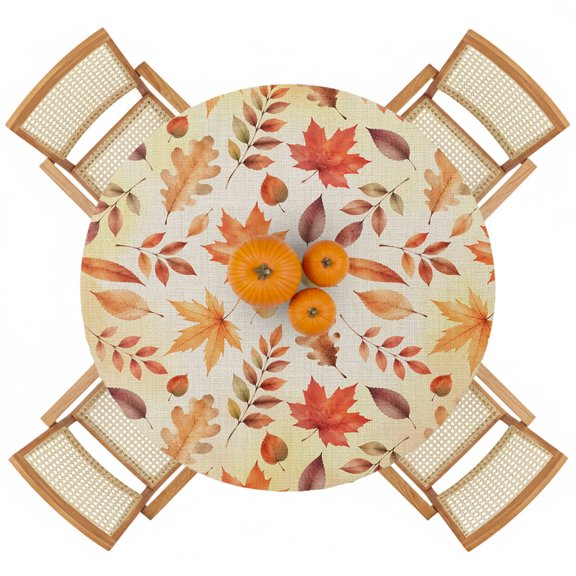 Rustic Thanksgiving Maple Leaf Round Fitted Tablecloth with Elastic Edge,Waterproof Table Cloth Fits 55"-60" Tables,Wipeable Table Cover for Indoor Outdoor Dinning Party,Farm Foliage Orange Linen