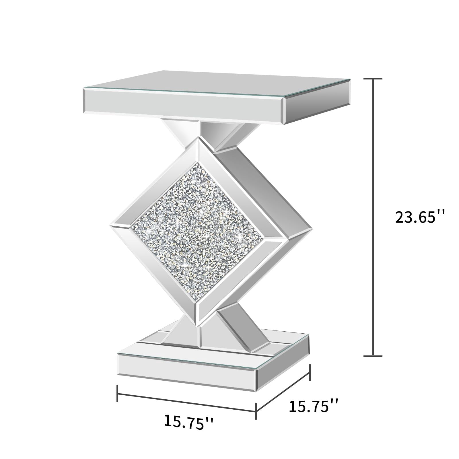 Crushed Diamond Mirrored End Table, Silver Side Accent Table, Small Mirrored Coffee Table for Living Room, Bedroom, 16"x16"x24"