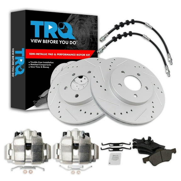 TRQ Front Performance Brake Pad & Rotor Kit Brake Caliper Brake Hose Brake Pads Brake Rotors Set Semi-Metallic Premium G-Coated Fits Select 2010 Ford Escape 2009 Mercury Mariner