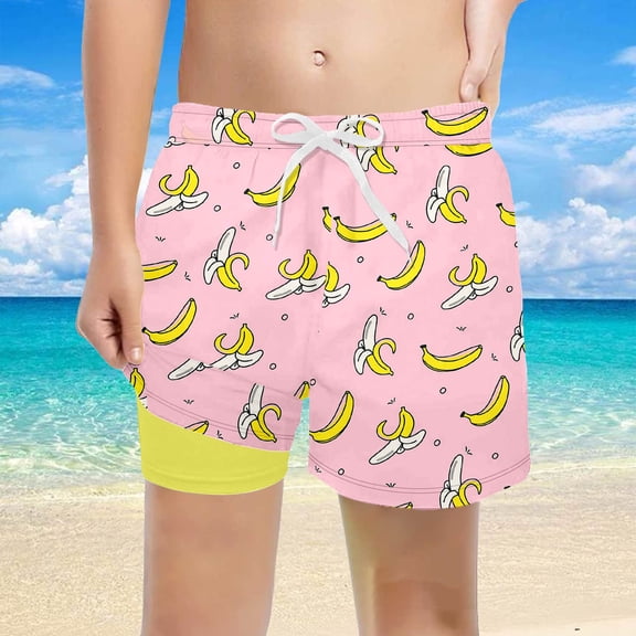 Boys Drawstring Waist Swim Trunks Banana Print Built-in Liner Quick Dry Beach Shorts for Summer Beach Pool Vacation Water Sports,Pink,150